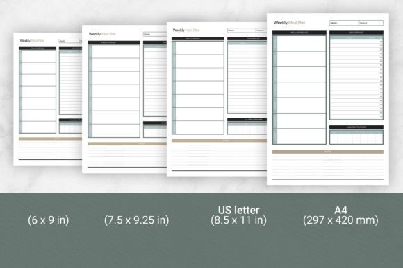 weekly meal planner template in four printable sizes including 6x9, 7.5x9.25, US letter, and A4 with meal and grocery list