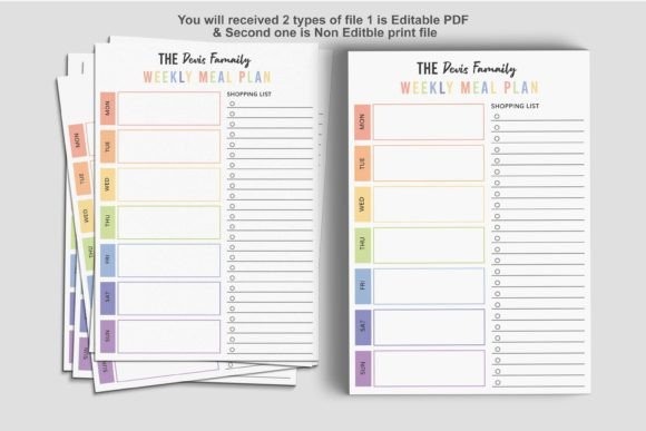 weekly meal planner template with days of the week and shopping list columns in a minimalist design