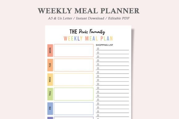 weekly meal planner template with days of the week and shopping list columns in minimalist design