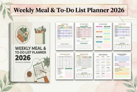 weekly meal planner template showing Weekly Meal & To-Do List Planner 2026 cover and organized planning pages for meals