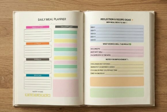 Open weekly meal planner template showing daily meal sections, grocery list, and reflection notes