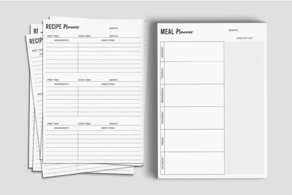 meal planner templates showing weekly meal planner with grocery list and recipe planner sheets in black and white