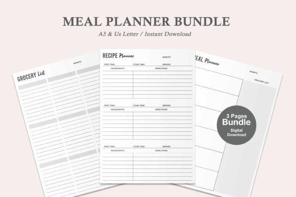 meal planner templates including grocery list, recipe planner, and weekly meal plan sheets in A5 and US Letter formats