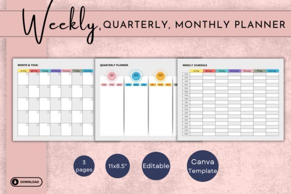 planner template designs showing weekly schedule with hourly blocks, monthly calendar with notes, and quarterly goals layout