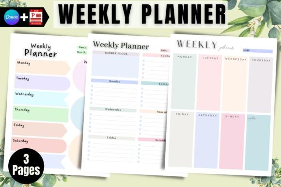 Weekly planner template showing three customizable weekly page designs with days of the week and sections for tasks and notes