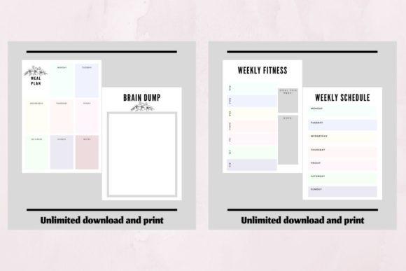Printable weekly planner template with meal plan, brain dump, weekly fitness, and weekly schedule pages in pastel colors