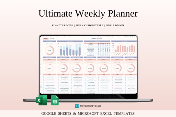 Weekly planner template displayed on a laptop screen showing charts and task tracking in Excel and Google Sheets format
