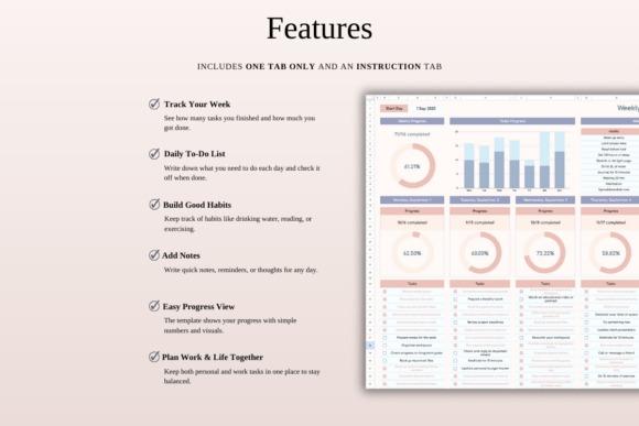 Weekly planner template Excel features including task tracking, habit building, notes, progress view, and work-life planning