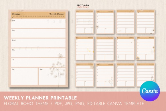 Printable weekly planner template with floral boho theme in US Letter and A4 sizes, editable Canva files included