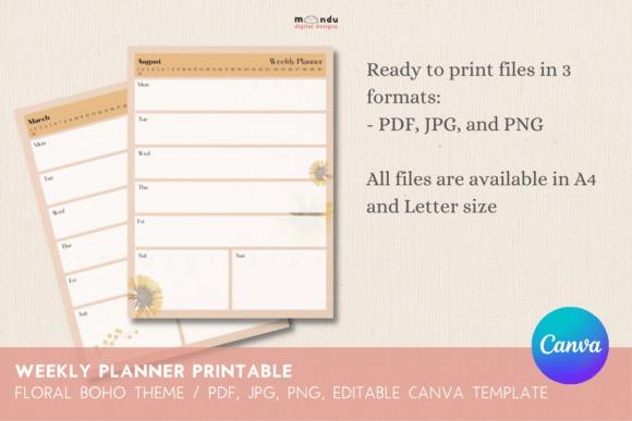 Printable weekly planner template with floral boho theme in A4 and US Letter sizes, available in PDF, JPG, PNG formats