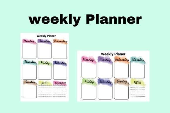 printable weekly planner template with colorful day headers and sections for notes and priorities