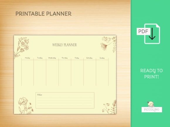 Printable weekly planner template in pastel yellow with floral decorations and space for notes