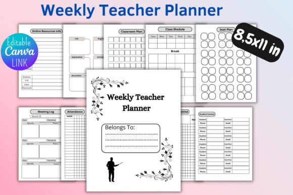 Teacher planner templates showing weekly planner pages with grade tracker, attendance, seating plan, and schedules