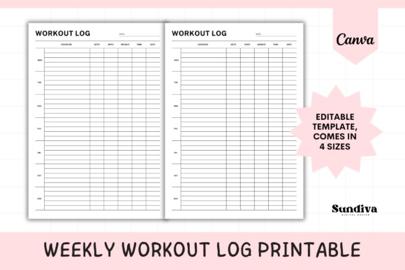 Weekly workout log printable template showing exercise, sets, reps and progress fields in four — workout planner template