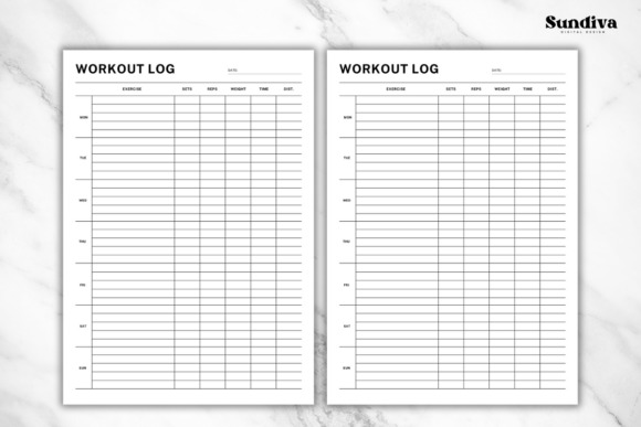 Workout planner template showing a weekly workout log with columns for exercise, sets, reps, weight, time, and date