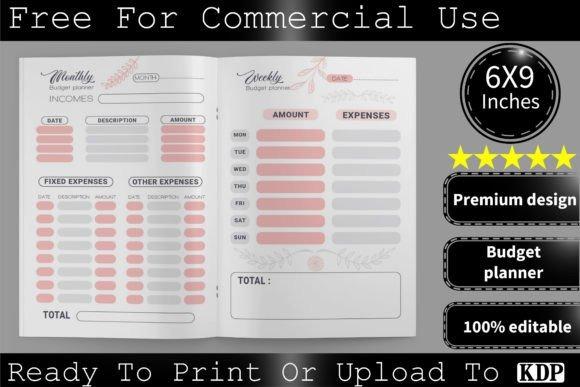 budget planner template showing monthly incomes and expenses with weekly amount and expenses sections in 6x9 inch format