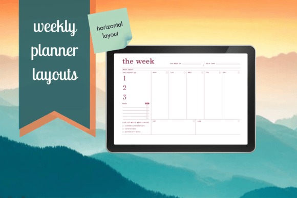 Horizontal weekly planner template displayed on a tablet with days of the week and task sections