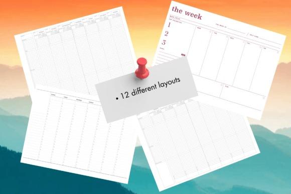 Weekly planner template showing 12 different horizontal one-page layouts with Monday and Sunday start options