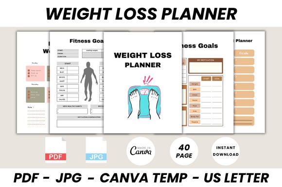Workout planner template showing weight loss planner pages with fitness goals, body measurements, and workout logs