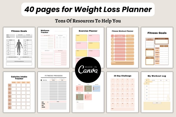workout planner template showing 40 pages including fitness goals, wellness tracker, exercise planner, workout log, and