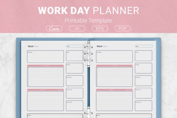 Work day planner template with sections for priorities, projects, calls, emails, meetings — day planner templates
