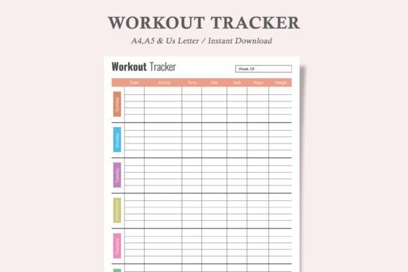Minimalist workout planner template with columns for date, activity, time, sets, reps, and weight in A4, A5, US Letter sizes