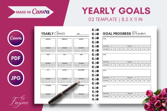 Yearly planner template designs showing yearly goals and goal progress tracker pages with editable Canva and PDF formats