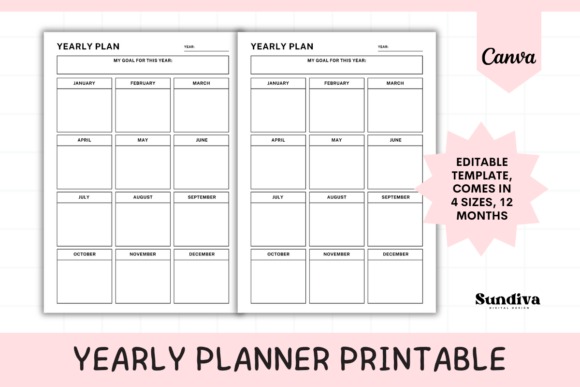 Yearly planner template designs showing editable monthly layout for goal setting in Canva with 4 sizes available