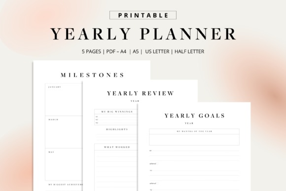 Yearly planner template designs showing milestones, yearly review, and yearly goals pages in printable formats