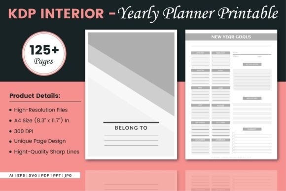 Yearly planner template designs showing a printable planner interior with cover page and goal-setting pages