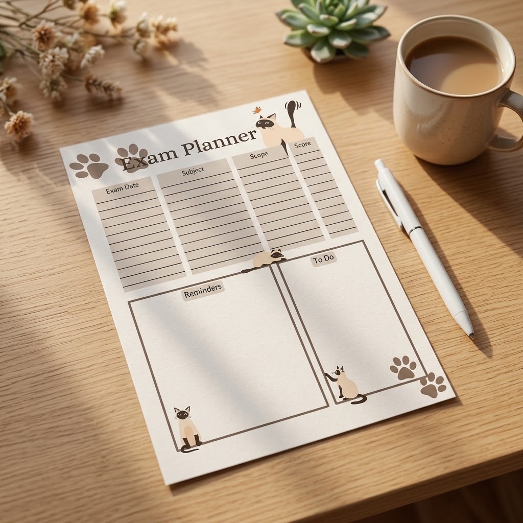 exam planner template with sections for exam date, subject, scope, score, reminders, and to do on wooden desk with pen and