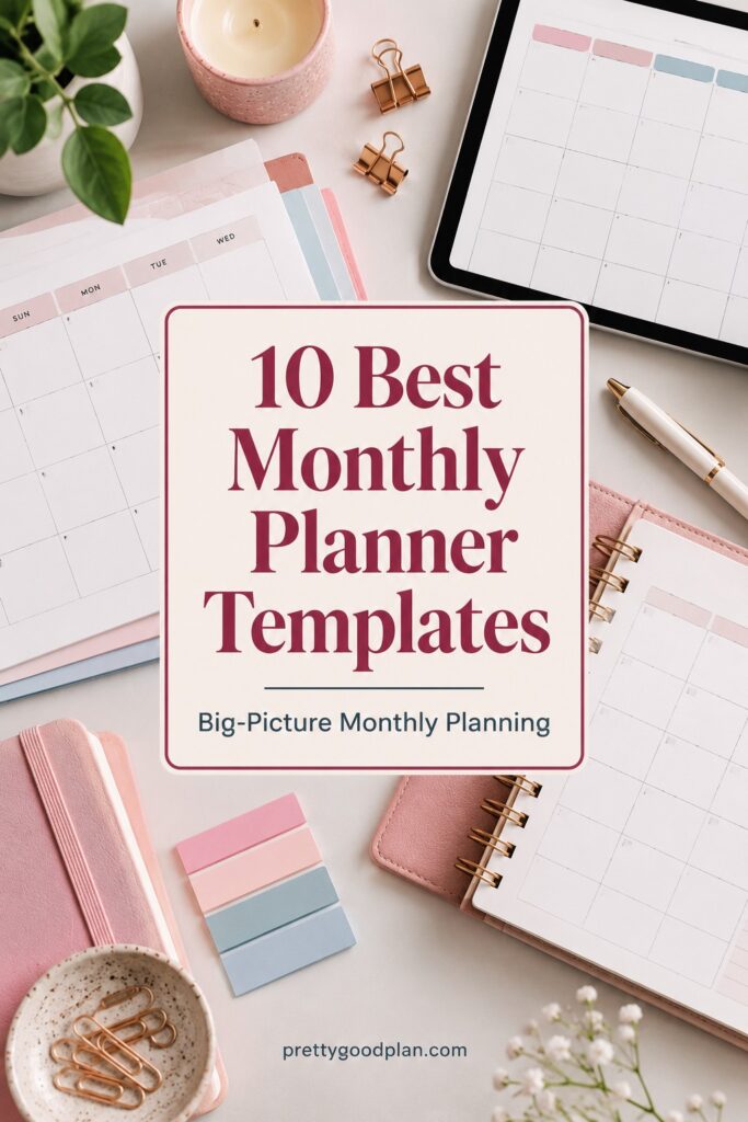 Monthly planner template layouts with clean calendar grids and pastel accents arranged on a desk with stationery