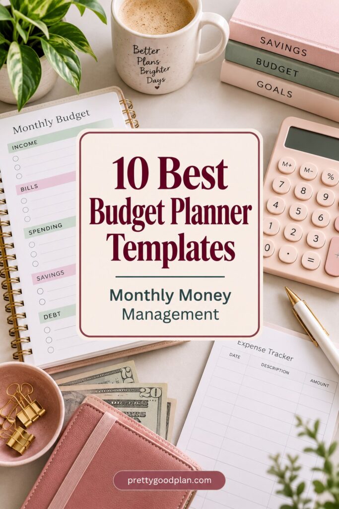 budget planner template with monthly budget sheet, calculator, savings and budget books, coffee mug, and cash on desk