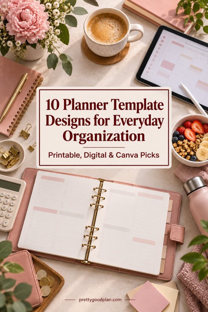 planner templates for organizing laid out with a notebook, tablet, coffee, and breakfast on a desk