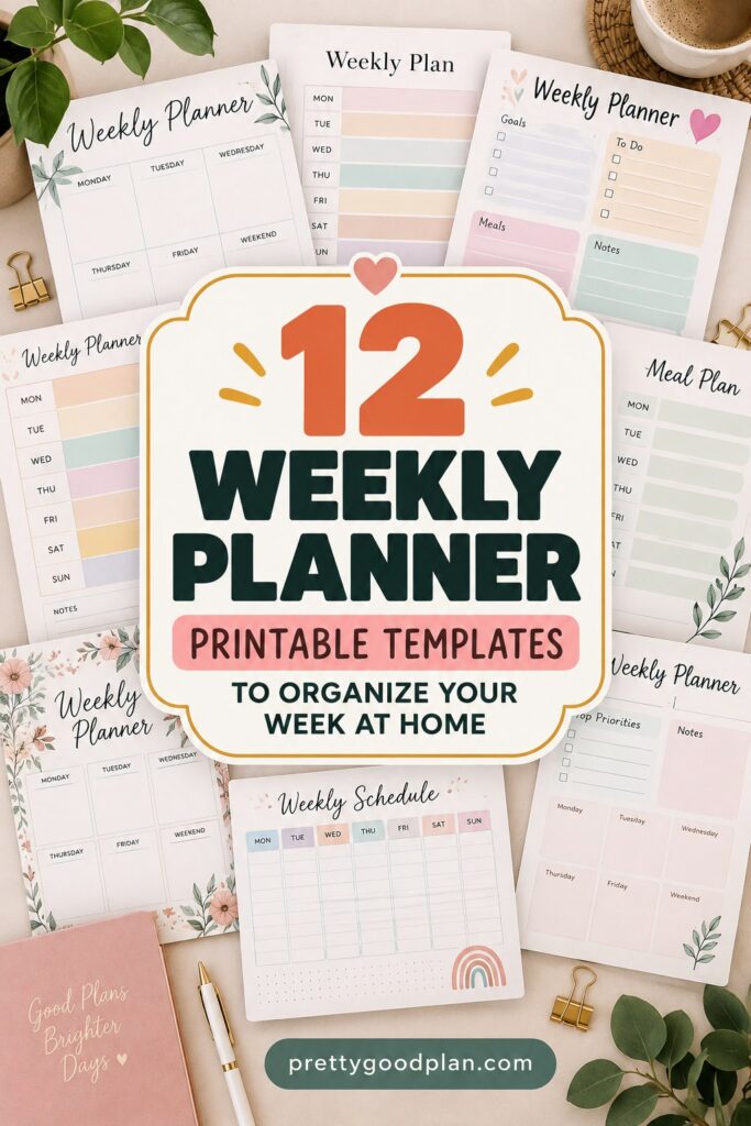 Printable weekly planner template designs with various layouts for organizing weekly tasks, meals, and goals