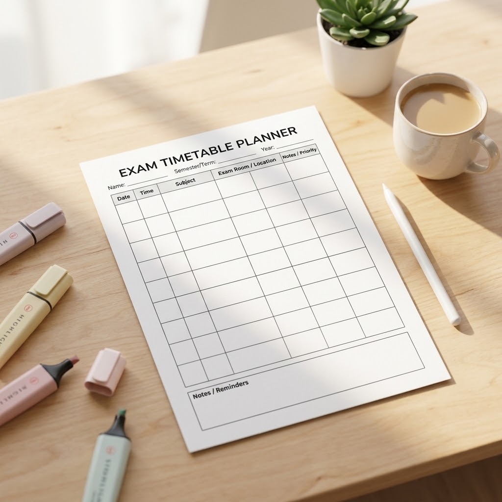 Exam planner template on wooden desk with markers, pencil, coffee cup, and small plant