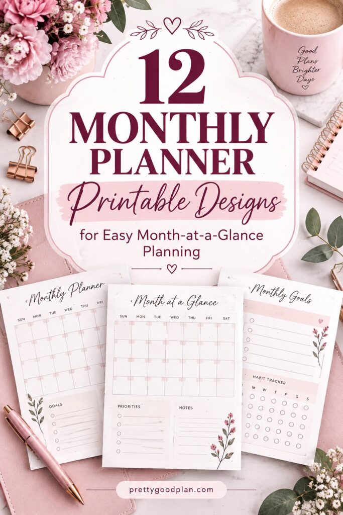 12 best monthly planner template printable designs showing calendar layouts, goals, and habit tracker pages