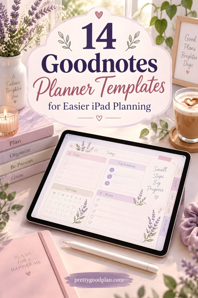 iPad displaying a Goodnotes planner template with sections for self-care, notes, and daily tasks surrounded by cozy desk