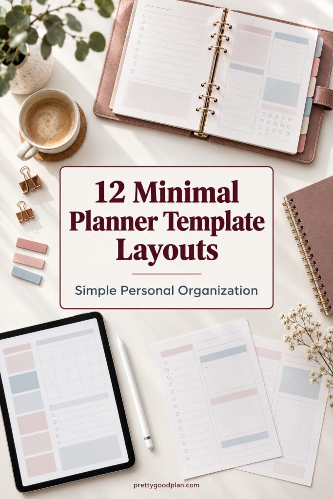 Minimal planner template layouts displayed on a tablet, printed pages, and an open ring binder planner with a cup of coffee