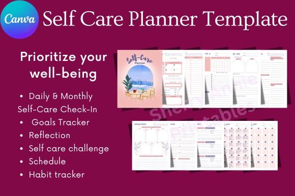 Cute planner template designs showing a self-care planner with daily check-ins, goals tracker, reflection, and habit tracker