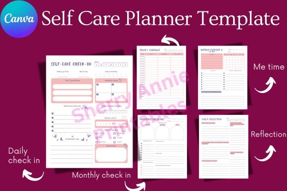 Cute planner template designs showing self-care planner pages for daily check-in, monthly check-in, me time, and reflection
