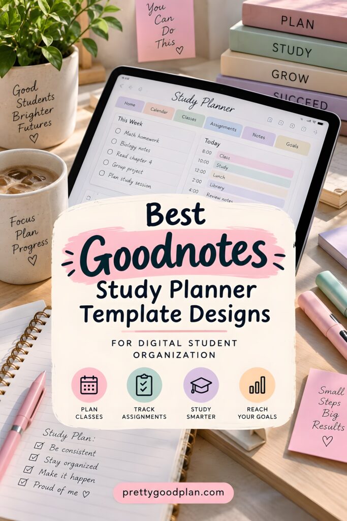 Goodnotes study planner template displayed on a tablet surrounded by study materials and motivational notes