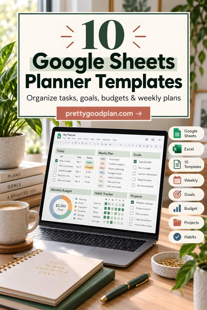 Google Sheets planner templates displayed on a laptop screen showing weekly plan, goals, budget, habit tracker, and projects