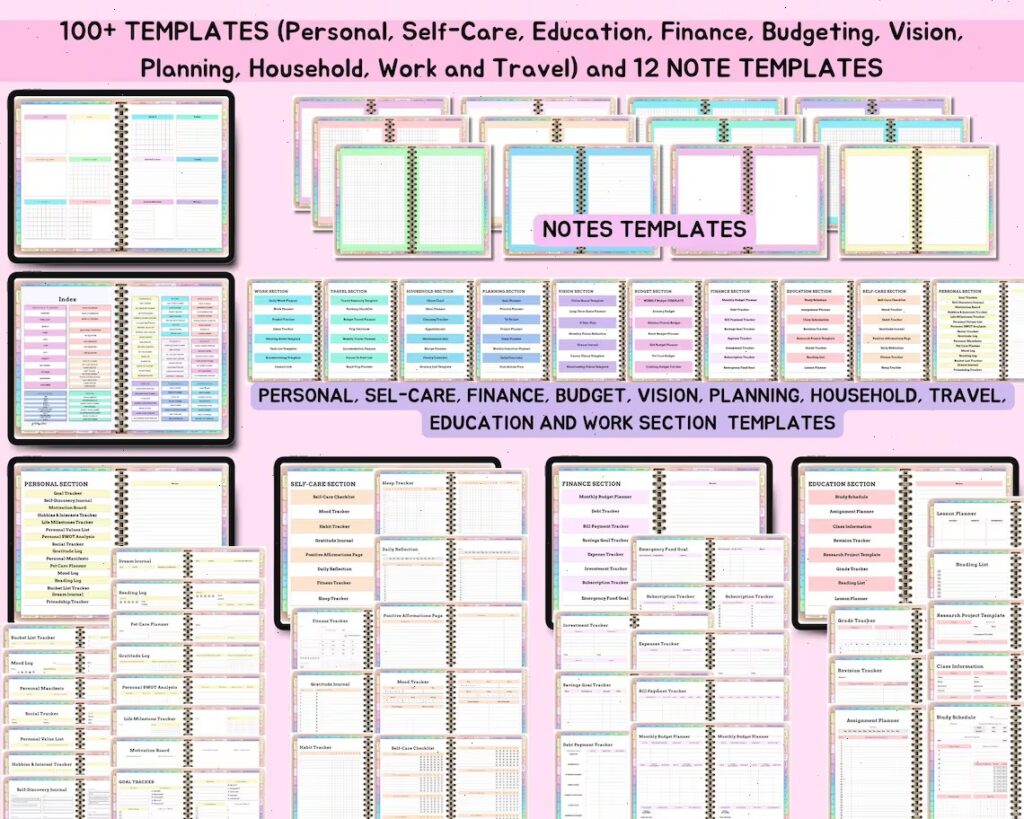 All in One Digital Planner showing over 100 templates for personal, finance, education, and more