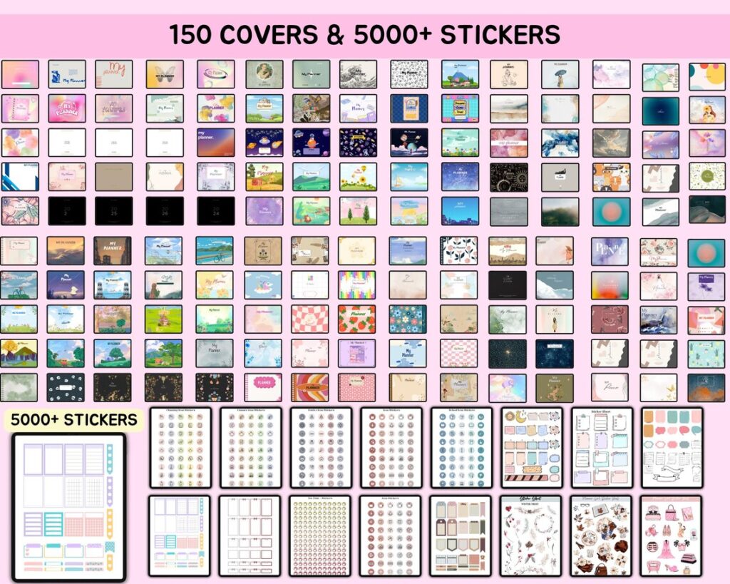 All in One Digital Planner showing 150 covers and over 5000 stickers for customization