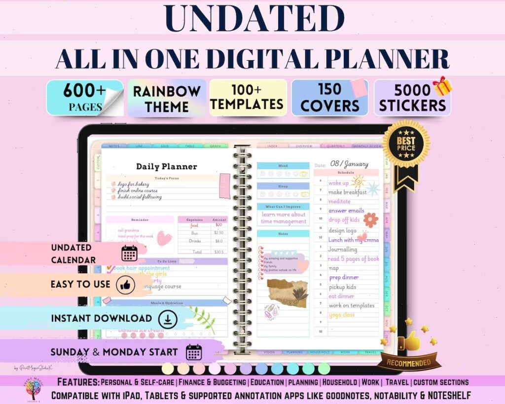 All in One Digital Planner showing daily planner pages with tasks, notes, and colorful sections