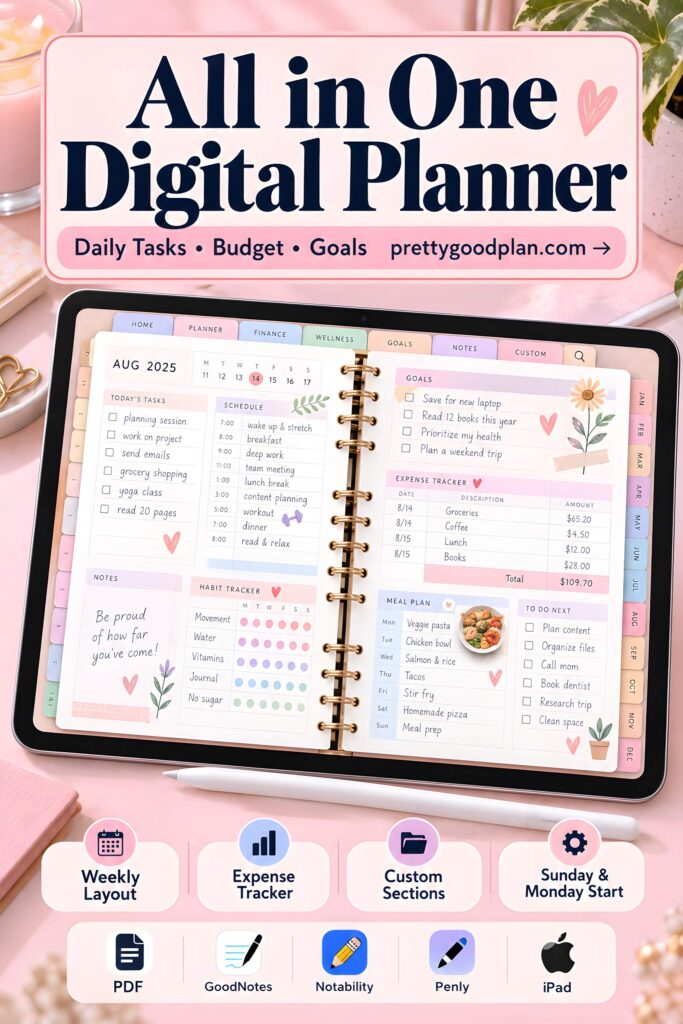 All in One Digital Planner displayed on a tablet showing daily tasks, budget, goals, and colorful templates