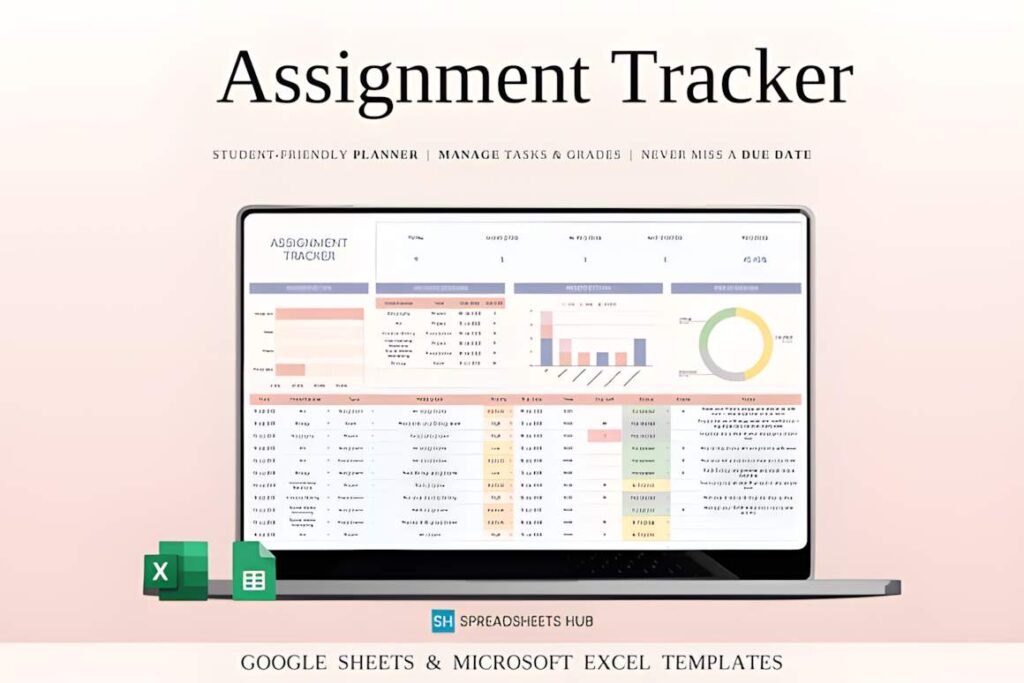 Google Sheets planner templates showing an assignment tracker spreadsheet with tasks, deadlines, and progress indicators on