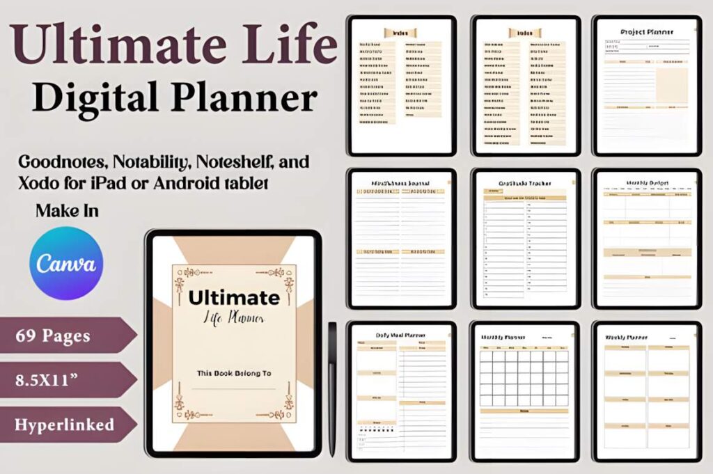 Canva digital planner template showing Ultimate Life Planner with various planner pages for finance, projects, gratitude