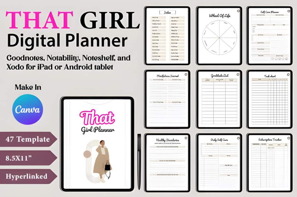 Canva digital planner template bundle showing various planner pages and a tablet display
